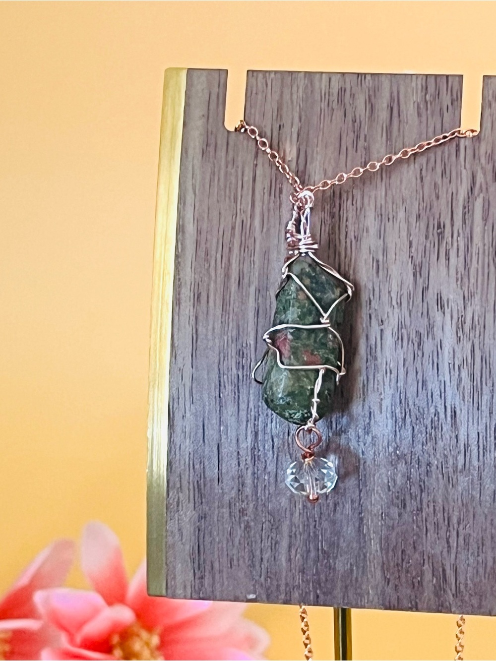 Rose gold plated wire wrapped natural stone pendant